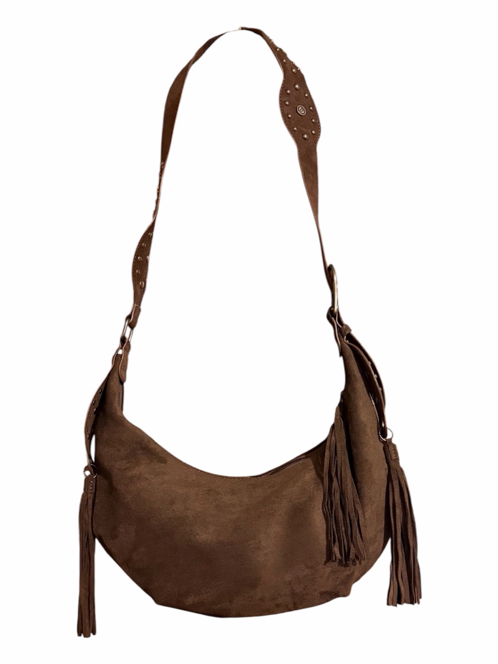 Brown Suede Hobo Bag With Tassels - Women